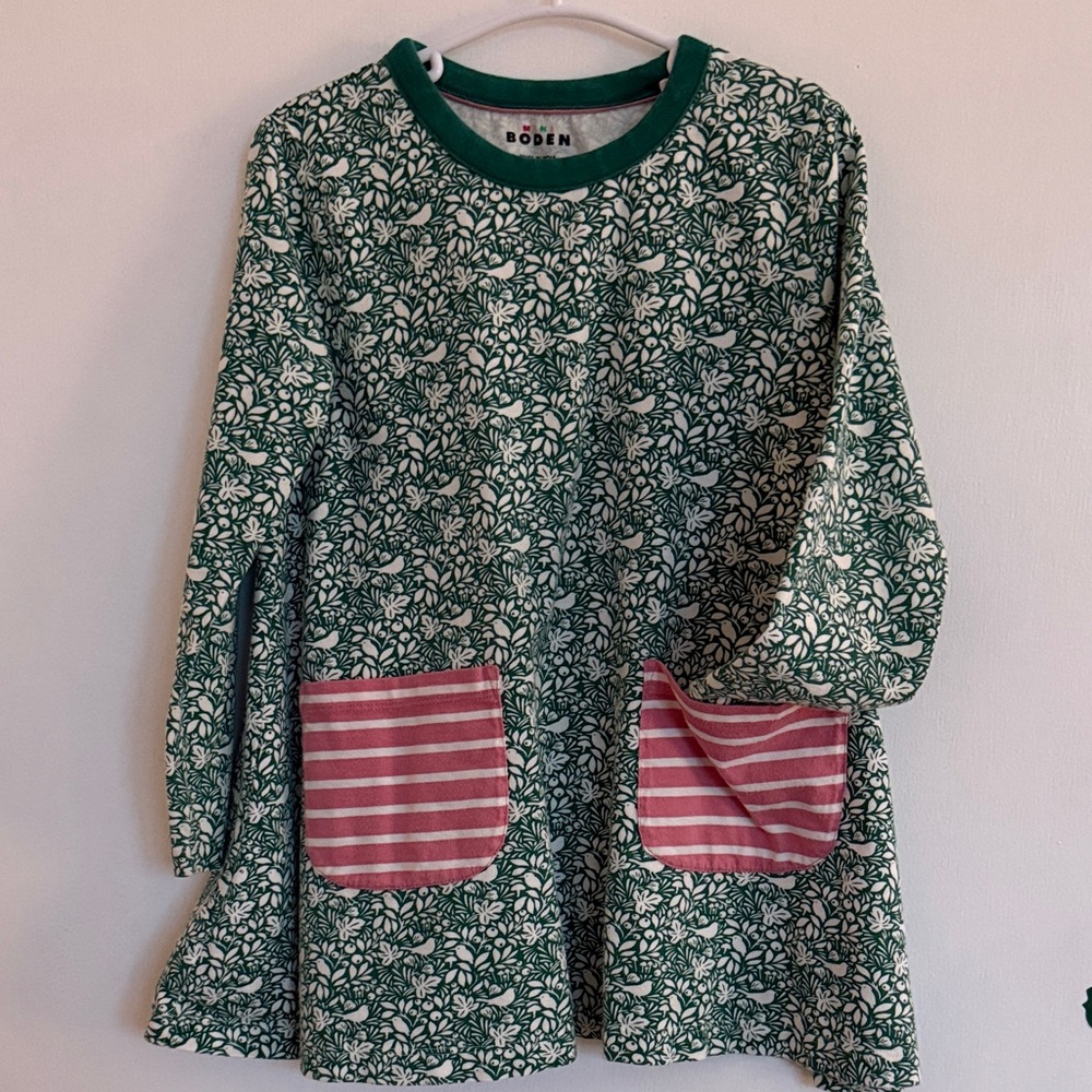 Boden Kids Green Long Sleeve Tunic with Pink Striped Pockets